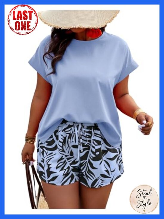 Other - Plus Size 2 Piece Short Sleeve Blouse and Knot Front Shorts Set